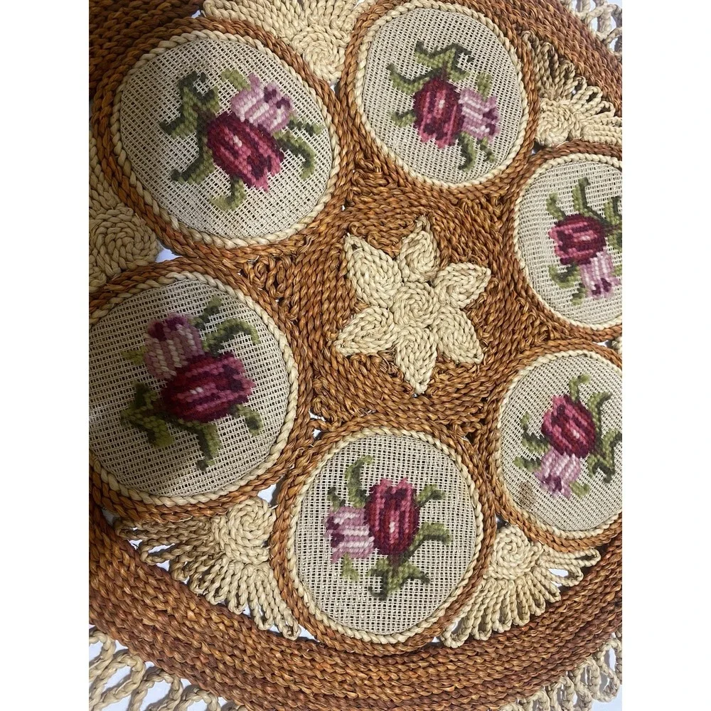 Woven Rattan Table Centerpiece 1970's MCM Needlepoint  Roses-As Is